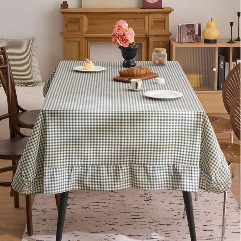 Nappe Vintage Française en Coton Lin à Carreaux Avec Bord à Volants Imprimé Carrelé pour Table à Manger Décoration Maison