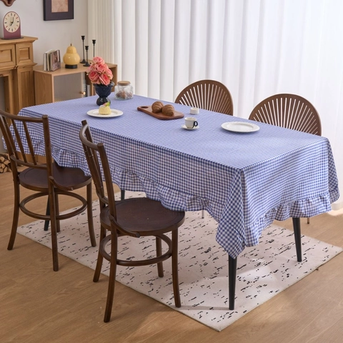 Nappe Vichy Vintage Française Avec Bord à Volants Mélange de Coton et Lin Housse de Table à Carreaux pour Salle à Manger Cuisine