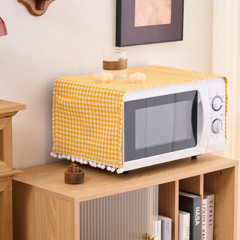 Plaid Appliance Dust Cover For Microwave Fridge Washing Machine With Pom Pom Fringe Polyester Cotton Blend Protective Cloth