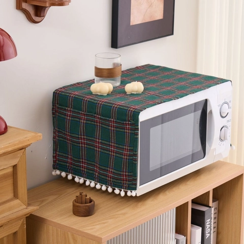 Plaid Appliance Dust Cover For Microwave Fridge Washing Machine With Pom Pom Fringe Polyester Cotton Blend Protective Cloth