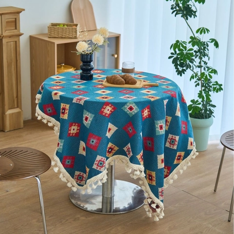 American Vintage Jacquard Flower Tablecloth With Curved Tassels Double Layer Lace Table Cloth For Round Dining Table Home
