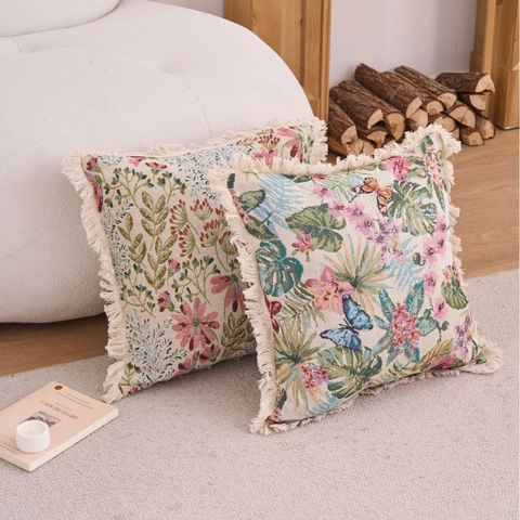 Kissenbezug Amerikanischer Stil Jacquard Blumen Mit Fransenkante Retro Dekorative Kissenhülle Für Sofa Zuhause Dekoration