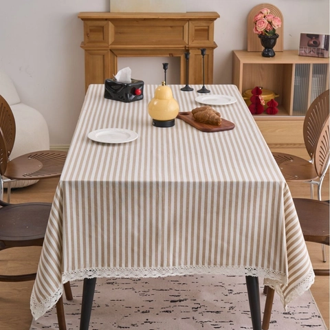 Japanischer Stil Gestreifte Tischdecke Mit Spitzenbesatz Rechteckige Polyester Baumwolle Garngefärbt Waschbar Abdeckung Für Esszimmer Heimdekor