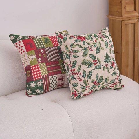 Christmas Jacquard Cushion Cover Retro American Holiday Patchwork Holly Berry Red Green Plaid Throw Pillow Case For Sofa Home Decor