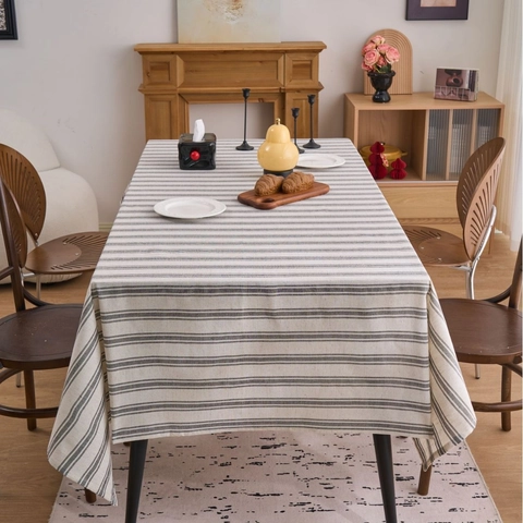 Japanischer Stil Gestreifte Polyester Baumwollmischung Tischdecke Rechteckig Garngefärbter Stoff Staubdichte Tischdecke Für Zuhause