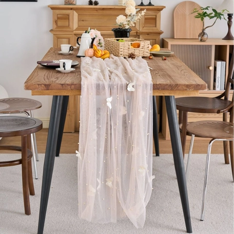 French Retro Polyester Lace Table Runner With 3D Butterfly Beaded Embroidery Elegant Table Decoration For Wedding Party Home