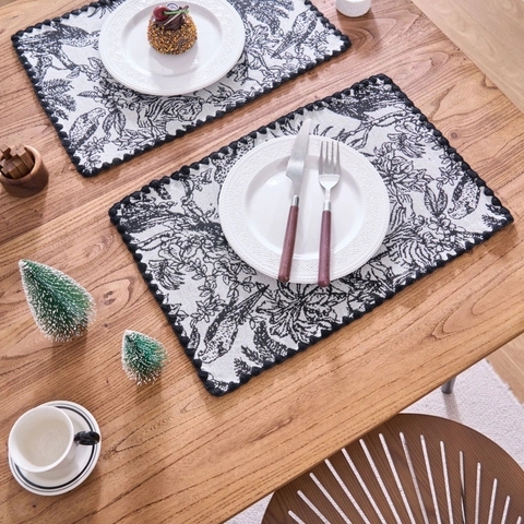 Europäisches Vintage Baumwollmischung Tischsets Jacquard Blumen Dschungel Muster Esstisch Matte Mit Wellenkante Für Home Küche Deko
