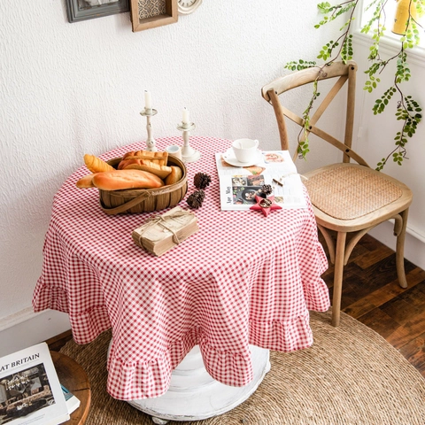 Vintage Gingham Checkered Cotton Linen Tablecloth With Ruffled Edges Round Rectangular Pastoral Style Home Dining Table Cover Decor