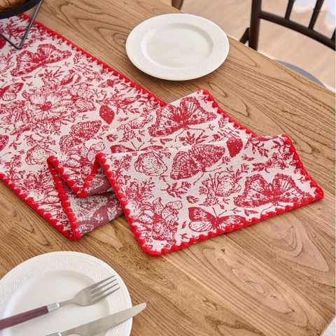Vintage Jacquard Cotton Blend Table Runner With Butterfly Floral Pattern Pom-pom Trim For Kitchen Dining Home Decor