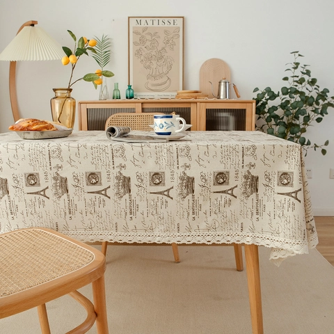 French Vintage Cotton Linen Tablecloth Eiffel Tower Lace Border Beige Rectangular Table Cover For Kitchen Dining Decor