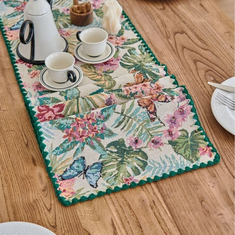 Pastoral Jacquard Floral Butterfly Table Runner Monstera Leaf Pattern Retro Cotton Blend Home Dining Table Decoration Runner