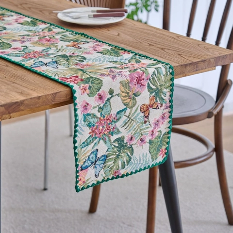 Pastoral Jacquard Floral Butterfly Table Runner Monstera Leaf Pattern Retro Cotton Blend Home Dining Table Decoration Runner
