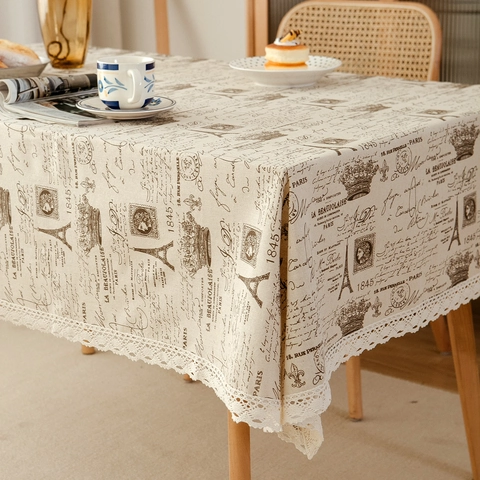 French Vintage Cotton Linen Tablecloth Eiffel Tower Lace Border Beige Rectangular Table Cover For Kitchen Dining Decor