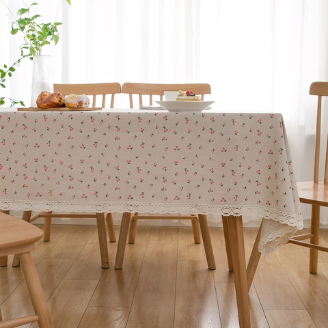 Tovaglia Pastorale in Misto Cotone e Lino con Stampa Floreale e Bordo in Pizzo Motivo Margherita Ciliegia Copritavolo Antipolvere Rettangolare
