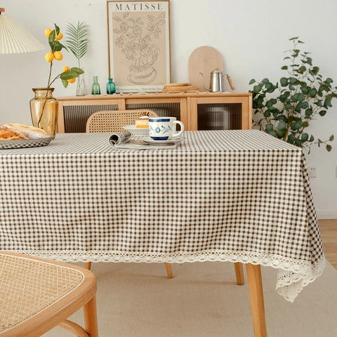 Mantel de Cuadros Gingham Con Borde de Encaje Mezcla de Algodón y Lino Cubierta de Mesa Rectangular Para Comedor Cocina