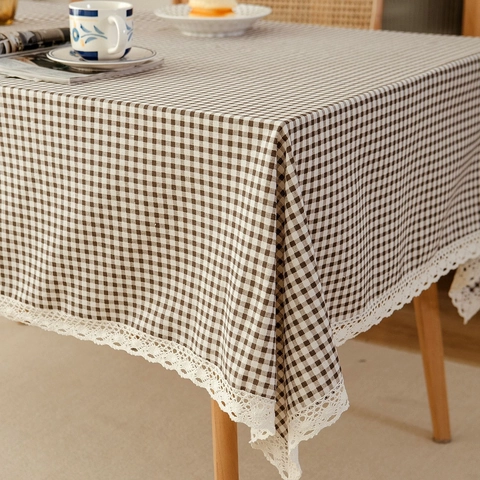 Mantel de Cuadros Gingham Con Borde de Encaje Mezcla de Algodón y Lino Cubierta de Mesa Rectangular Para Comedor Cocina