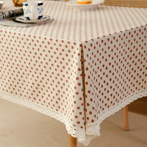 Pastoral Erdbeere Kirsche Bedruckt Baumwolle Leinen Tischdecke Mit Weißen Spitzenkante Rechteck Beige Staubschutz Abdeckung Für Esstisch Zuhause Deko