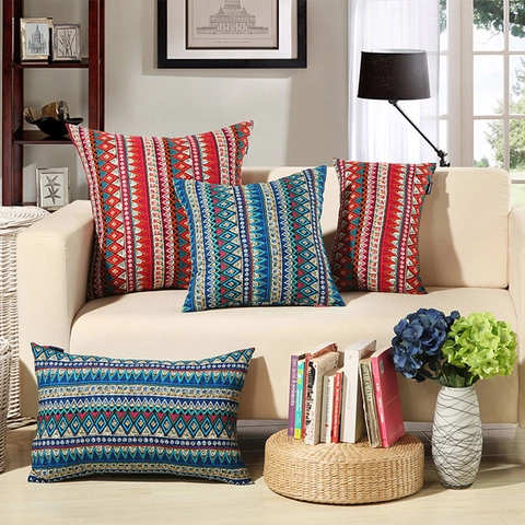 Federa Decorativa in Cotone Lino con Motivo Geometrico Triangolare Etnico Bohemien per Divano Casa Decorazione