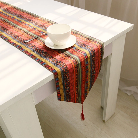Runner da Tavolo in Cotone Lino a Righe Etniche Bohemien Decorazione con Nappe Tovaglietta Geometrica Federa per Cuscino