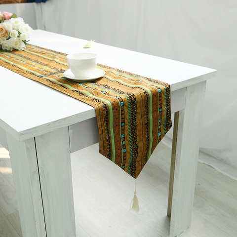 Runner da Tavolo in Cotone Lino a Righe Etniche Bohemien Decorazione con Nappe Tovaglietta Geometrica Federa per Cuscino