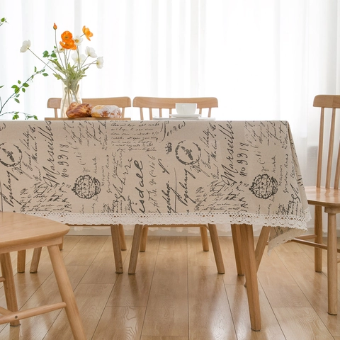 Nappe Vintage Européenne en Coton et Lin avec Impression de Lettres et Bordure en Dentelle Couverture de Table Rectangulaire