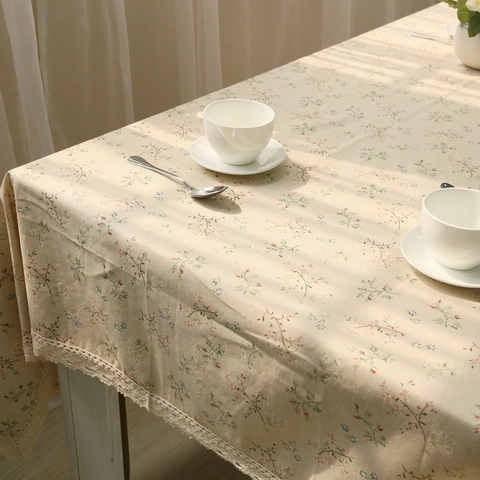 Floral Lace Edge Tablecloth Cotton Linen Blend Rectangular Table Cloth For Kitchen Dining Home Pastoral Decorative Cover
