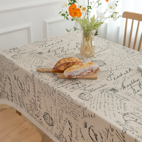 Nappe Vintage Européenne en Coton et Lin avec Impression de Lettres et Bordure en Dentelle Couverture de Table Rectangulaire