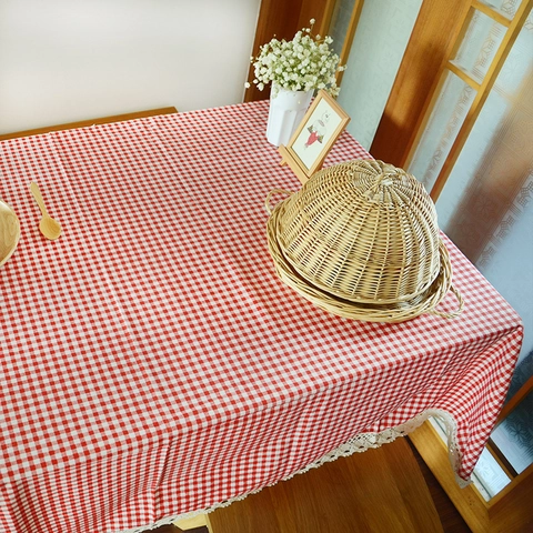 Rot Weiß Kariert Gingham Tischdecke Mit Weißem Spitzenbesatz Rechteckig Baumwolle Leinen Tischabdeckung Für Küche Esszimmer Heimdekor