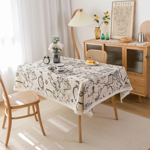 Vintage Wereldkaart Tafelkleed Katoen Linnen Mix Rechthoekig met Kantafwerking voor Keuken Eetkamer Huis Decoratie