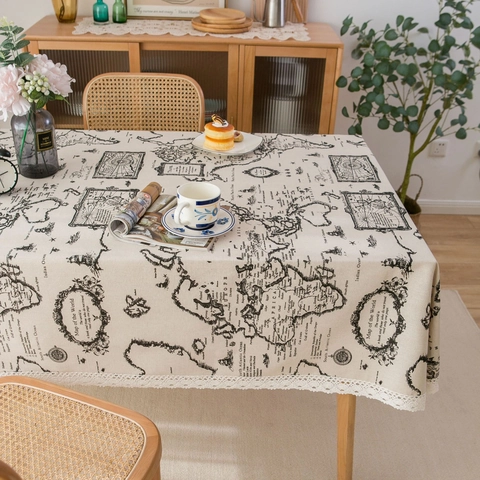 Vintage Wereldkaart Tafelkleed Katoen Linnen Mix Rechthoekig met Kantafwerking voor Keuken Eetkamer Huis Decoratie