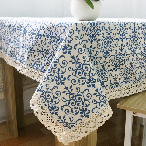 Vintage Chinoiserie Cotton Linen Tablecloth Blue White Floral Print Rectangular Dining Table Cover With Lace Trim For Wedding Home Decor