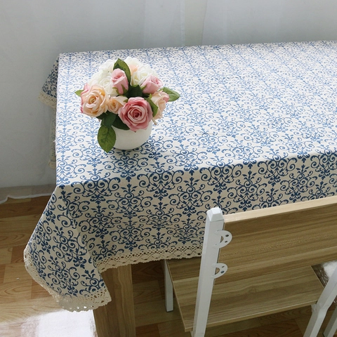 Vintage Chinoiserie Cotton Linen Tablecloth Blue White Floral Print Rectangular Dining Table Cover With Lace Trim For Wedding Home Decor