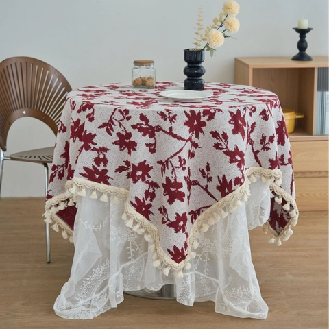 Amerikaanse Vintage Jacquard Bloem Tafelkleed Met Gebogen Kwasten Dubbele Laag Kant Tafelkleed Voor Eettafel Thuis