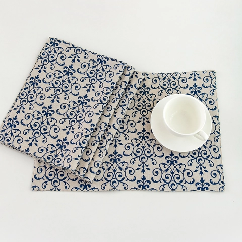 Vintage Blue Floral Cotton Linen Placemat Heat Resistant Rectangular Dining Table Mat For Kitchen Home Decoration