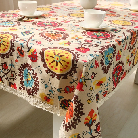 Bohemian Ethnic Sunflower Mandala Pattern Cotton Linen Tablecloth Rectangular With Lace Edge Home Kitchen Dining Table Decor