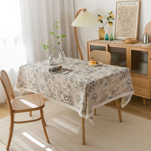 Nappe Vintage en Lin Floral avec Bordure en Dentelle Rectangulaire Imprimée de Pivoines pour Décoration de Table de Ferme
