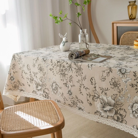Nappe Vintage en Lin Floral avec Bordure en Dentelle Rectangulaire Imprimée de Pivoines pour Décoration de Table de Ferme