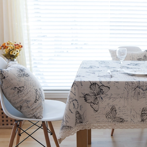 Tovaglia Vintage Country Americano In Cotone E Lino Con Stampa A Lettera Di Farfalla Bordo In Pizzo Copritavolo Rettangolare Per Sala Da Pranzo
