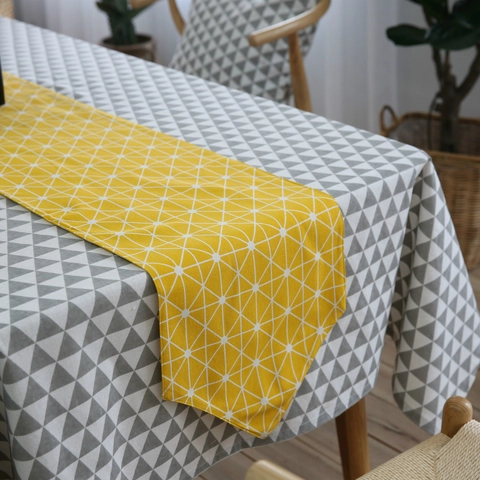 Nordic Minimalist Geometric Triangle Table Runner Yellow White Cotton Linen Kitchen Dining Home Party Table Decor