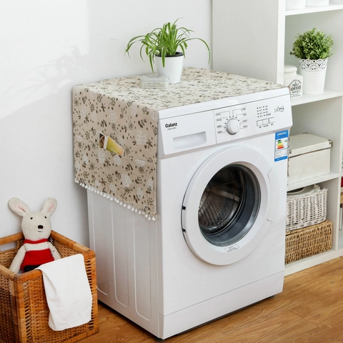 Copertura Antipolvere Lavatrice Cotone Lino Protezione Superiore Frigorifero Floreale Con Tasche Laterali Pom Pon Bianchi