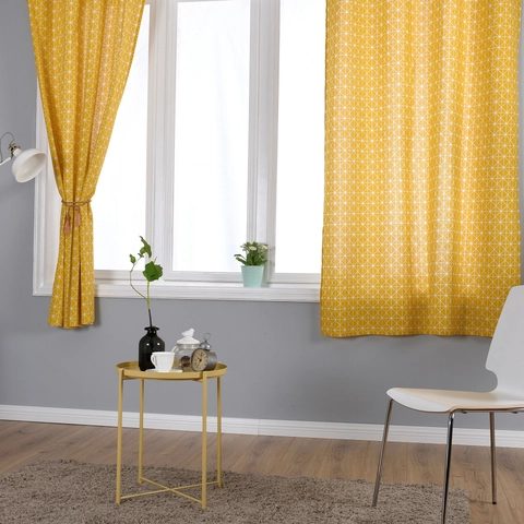 Modern Minimalist Geometric Cotton Printed Semi-Blackout Curtain Yellow Grey Tree Pattern Window Drapes For Living Room