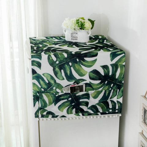 Nordic Monstera Leaf Print Dust Cover Waterproof Polyester Cotton Refrigerator Washing Machine Cover With Storage Pockets