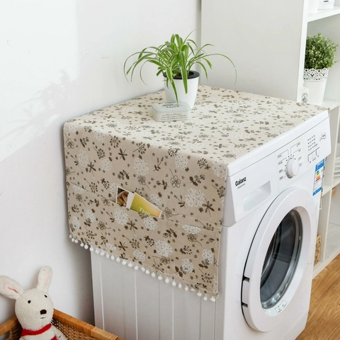 Copertura Antipolvere Lavatrice Cotone Lino Protezione Superiore Frigorifero Floreale Con Tasche Laterali Pom Pon Bianchi