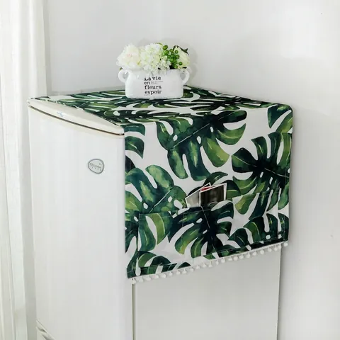 Nordic Monstera Leaf Print Dust Cover Waterproof Polyester Cotton Refrigerator Washing Machine Cover With Storage Pockets