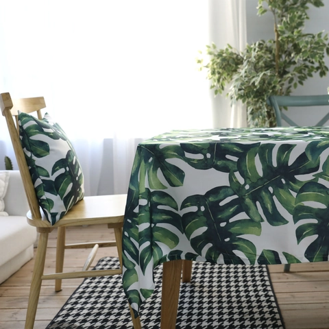 Wasserdichte Tischdecke aus Polyester-Baumwolle Grünes Monstera-Blatt-Muster Rechteckige Nordische Esszimmertisch-Abdeckung Haus Dekoration
