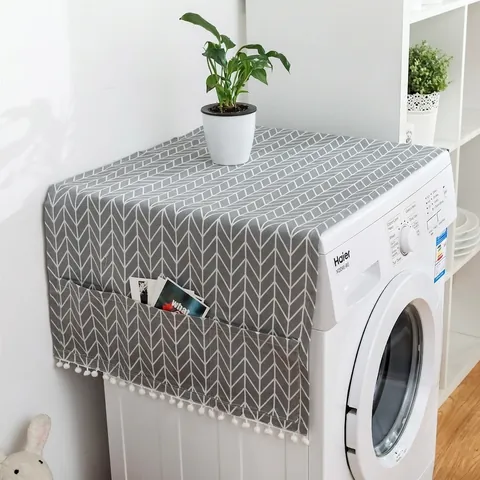 Geometric Printed Fabric Dust Cover For Washing Machine Refrigerator With Side Storage Pockets And Pom Pom Tassel Edges
