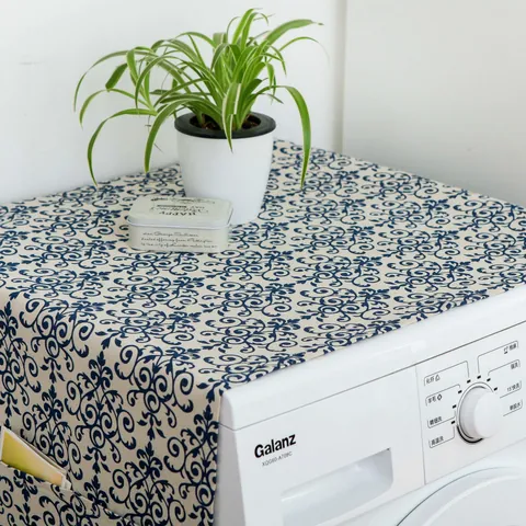 Cotton Linen Washing Machine Cover Refrigerator Dust Cloth With Storage Pockets Pom-pom Fringe Floral Appliance Decor
