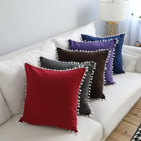 Taie d'Oreiller en Coton Couleur Unie Style Nordique Avec Frange à Pompons Blancs Housse de Coussin Carrée Décorative Canape