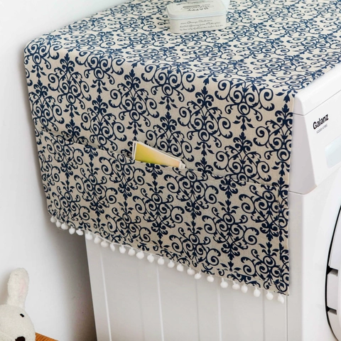 Housse de Machine à Laver en Coton et Lin Tissu Anti-poussière Frigo Avec Poches de Rangement Et Franges à Pompons