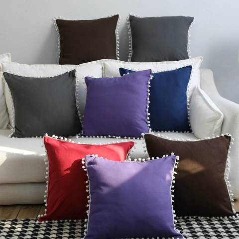 Taie d'Oreiller en Coton Couleur Unie Style Nordique Avec Frange à Pompons Blancs Housse de Coussin Carrée Décorative Canape